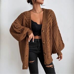 Womens Long Sleeve Open Front Sweaters Bishop Sleeve Button Up Cardigan